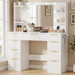 JUMMICO Fluted Dressing Table with LED Mirror,Adjustable Brightness