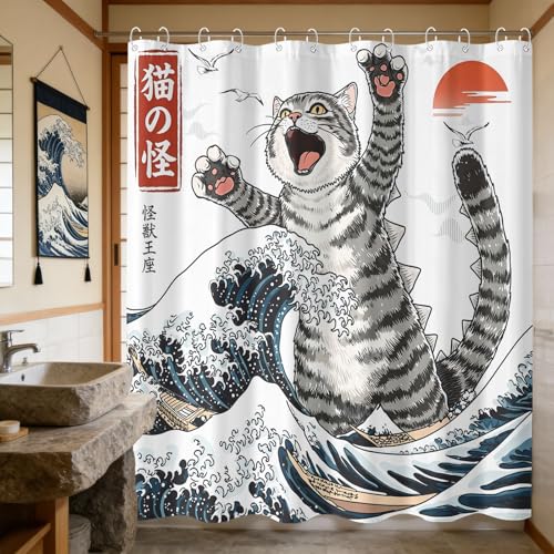 Kanuyee Kaiju Cat Shower Curtain, Water-Repellent Bathroom Decor with Plastic Hooks, Japanese Art Wave Tale Home Decor 72x72 Inch.
