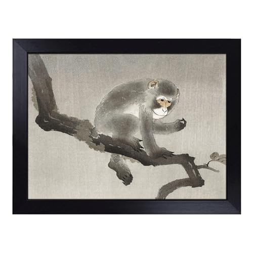 Lap Tray with Bean Bag Cushion, Monkey Upon An Orange Tree By Ohara Koson - Handmade in the UK, Raised Wooden Edge, Padded Cushion, Heat-Resistant Wipe-Clean Surface, for Meals, Laptops and Crafts
