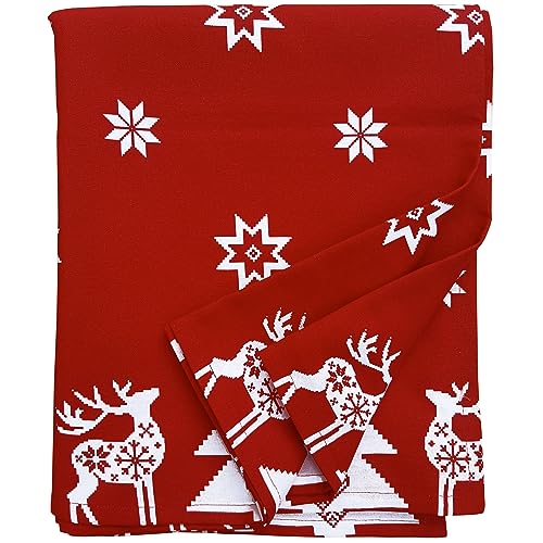 Ragged Rose Christmas Table Cloth - Festive Linen Tablecloth with Nordic Style Prints for Living Room & Kitchen - Cotton Tablecloth That Fits a 6-7 Ft Table - Red Christmas Star Print