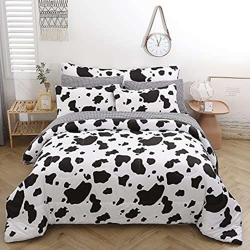 SUCSES 5Pcs Cow Comforter Set Queen Size, Black White Cartoon Bedding Set, Ultra Soft Luxury Bed in a Bag Quilt and Sheet Sets (1 Comforter, 2 Pillowcases, 1 Flat Sheet, 1 Fitted Sheet)