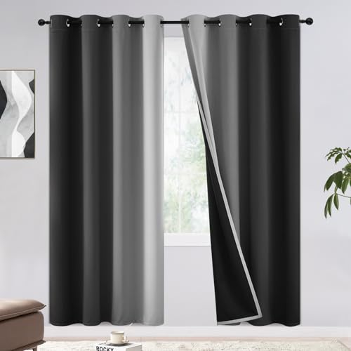 COSVIYA 100% Blackout Curtains & Drapes Ombre Black Curtains 72 inch Length - Full Room Darkening Grommet Gradient Insulated Thermal Window Curtains for Bedroom/Living Room,52Wx72L inches???2 Panels