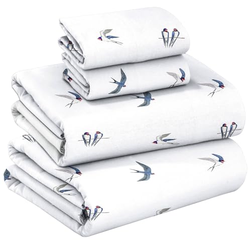 RUVANTI Flannel Sheets Queen Size - GOTS Certified 100% Organic Cotton, 4 Piece Warm, Soft & Breathable Set, Deep Pocket Snug Fit, Double Brushed Cozy All Season Bedding, Whispering Wings