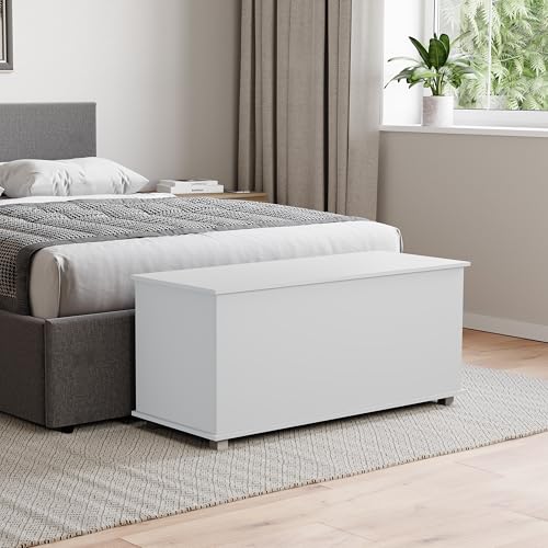 Vida Designs Leon Storage Ottoman, Wooden Chest with Lid, Seat, Stool, Window Bench, Blankets, Bedding, Toy Box, Footstool, White