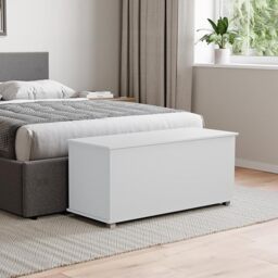 Vida Designs Leon Storage Ottoman, Wooden Chest with Lid, Seat, Stool, Window Bench, Blankets, Bedding, Toy Box, Footstool, White