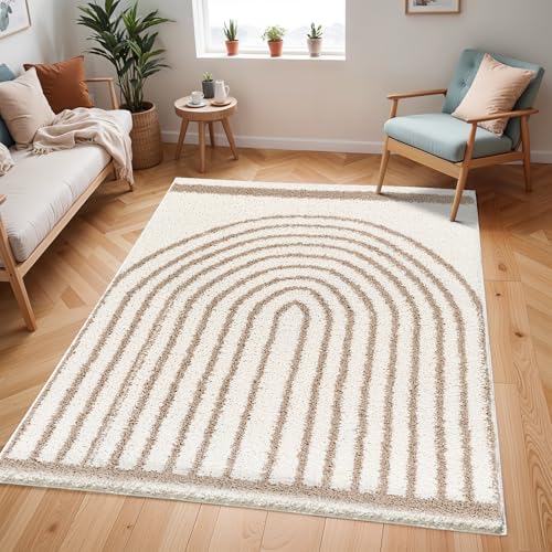 Livabliss Pihu Shumen Shaggy Carpet 160x213 cm, Living Room & Bedroom, Soft Plush Thick Pile, Geometric Abstract Fluffy Style, Easy Care, Ivory Tan