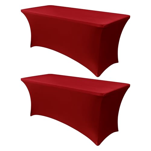 Obstal 6ft Stretch Spandex Red Table Cover for Standard Folding Tables - 2 Pack Universal Rectangular Fitted Tablecloth Protector for Holiday Party, 72L x 30W x 30H Inches, Christmas, 2pc