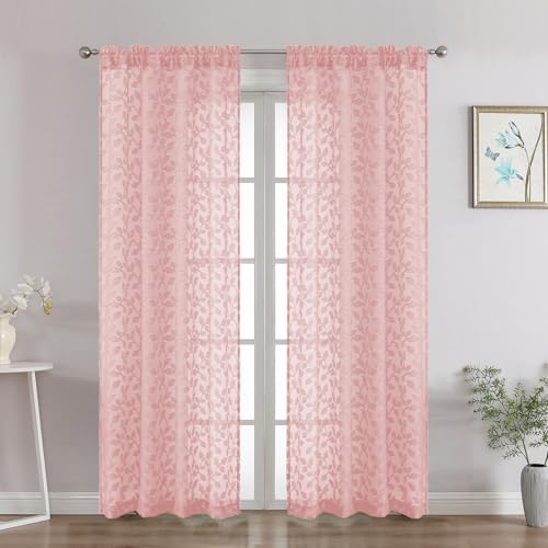 "Chyhomenyc Blush Pink Sheer Curtains 72 Inches Long 2 Panels Set, Light Filtering Tufted Textured Soft Airy Rod Pocket Elegant Leaf Window Treatment Drapes for Bedroom Living Room, 42"" Wx72 L, 2PCS"