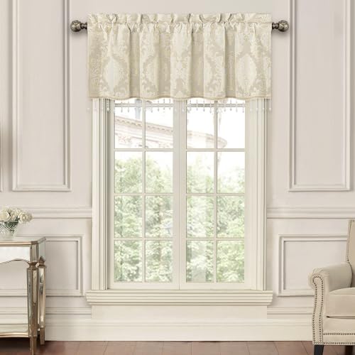 Loom and Mill Luxury Jacquard Valances for Living Room Window, Elegant Beige Damask Window Curtain Valance with BeadsTrim, Rod Pocket Blackout Short Curtain 1 Panel for Bedroom Kitchen, 54??? x 18