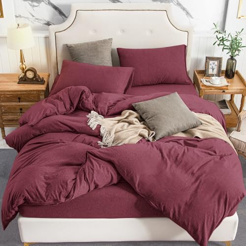 PURE ERA Jersey Knit Duvet Cover Set 100% T-Shirt Cotton Super Soft Comfy 3pc Bedding Set with Zipper Closure (Heather Burgundy Red, King)