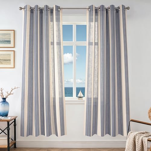 DriftAway Farmhouse Vertical Striped Linen Blend Textured Light Filtering Semi Sheer Curtains for Living Room Bedroom 72 Inches Long Drapes 2 Panels Broad Striped Jean Navy
