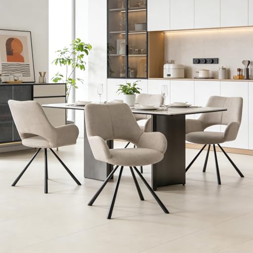 MEUBLE COSY Dining Chairs with Armrests Set of 4, Upholstered Fabric Kitchen Chair, Corner Armchair with Metal Legs, Beige