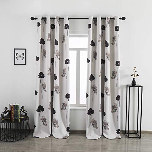 Taisier Home Floral Print Thermal Insulated Bedroom Heat Absorbing Room Darkening Energy Efficient Savings Living Room Window Curtain Grommet Panels, Set of 2, 52 W x 108 L, Black/Grey/Brown