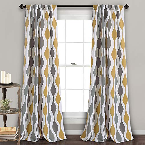 "Lush Decor Mid Century Geo Room Darkening Window Curtain Panel Pair, Polyester, Gold and Gray, 52"" W x 108"" L (Pack of 1)"