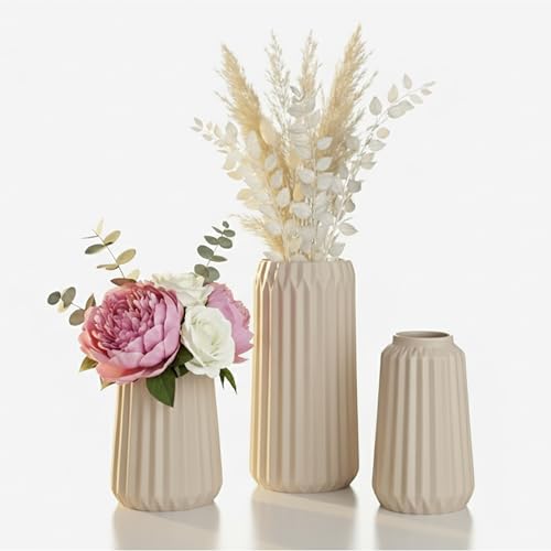 Relaxdays Set of 3 Vases, Flower Vases, 3 Sizes, Fresh & Dried Flowers, Decorative Ceramic, Table Decor, Beige