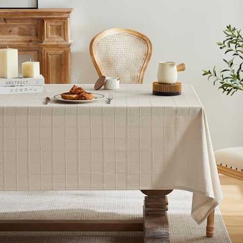 ZeeMart Linen Checked Square Table Cloth 52x52 Inch Neutral Beige - 3D Woven Grid Jacquard, Soft Natural Draping, Wrinkle???Resistant, Fray???Proof Hem, Multi???Occasion Decor Farmhouse Tablecloth