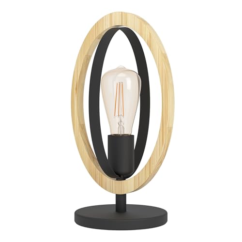 Eglo Table lamp Basildon, 1 Flame Table lamp Vintage, Industrial, Retro, Bedside lamp Made of Steel and Wood, Living Room lamp Nature, lamp with Switch, E27 Socket Black, Brown