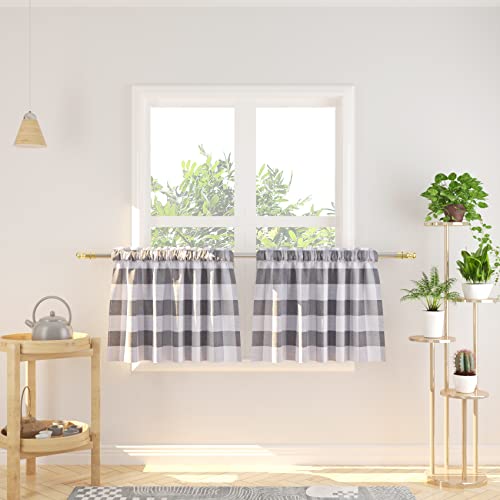 Natus Weaver 2 Panels Valance Curtains 16 inches Long Cafe Curtain Buffalo Plaid Gingham Check Short Tier Curtains for Kitchen Bathroom Window Curtain Grey & White