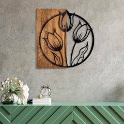 Elegant Decorative Wooden Wall Accessory, 56 x 57 cm, 100% Real Wood (3 cm) & Metal (1.5 mm), Unique Walnut & Black Finish, Perfect for Home Decor