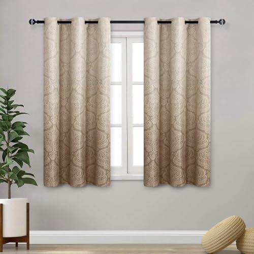 DWCN Ombre Short Curtains for Kitchen - Damask Patterned Thermal Insulated Blackout Room Darkening Grommet Curtains for Living Room, Set of 2 Window Curtain Panels, 46 x 54 Inches Long, Taupe