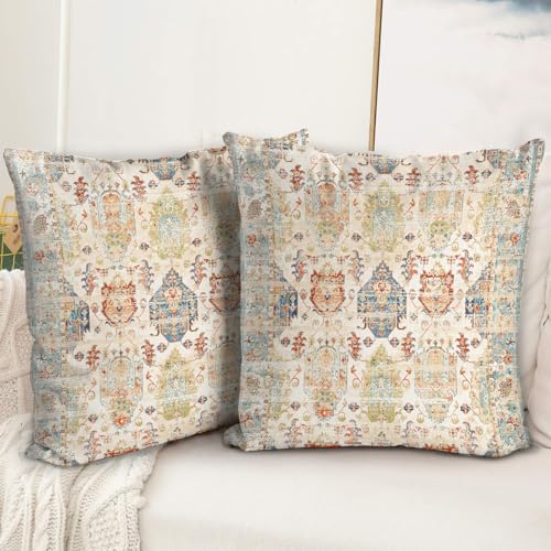 BUAEL Boho Floral Throw Pillow Covers 16x16 inch Set of 2,Beige Boho Rug Geometric Floral Pattern Decor Double Sided Pattern Cushion Cover Soft Pillow Case Living Sofa Room Bed Square Pillow Cover