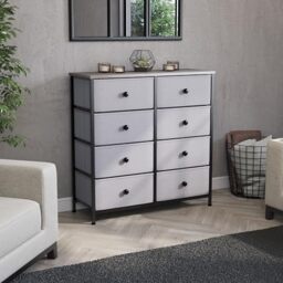 Vida Designs Chorley 8 Drawer Chest Of Drawers Fabric Storage Organizer Unit With Wood Top, Metal Frame & Handles - Ideal For Bedroom, Living Room, Nursery - Beige & Grey Wood (UKFR Certified)