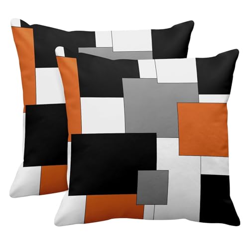 Emvency Set of 2 Orange Geometric Throw Pillow Covers Black Grey White Painting Abstract Checkered Design Decorative Pillow Case Modern Home Decor Standard Square 18x18 Inch Cushion Pillowcase