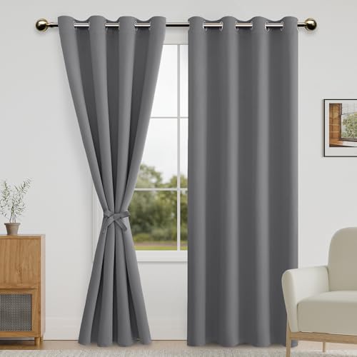 DWCN Grey Blackout Curtains for Bedroom with Tiebacks - Room Darkening Privacy Grommet Top Window Curtains for Living Room, 52 x 96 inch Length, Set of 2 Panels