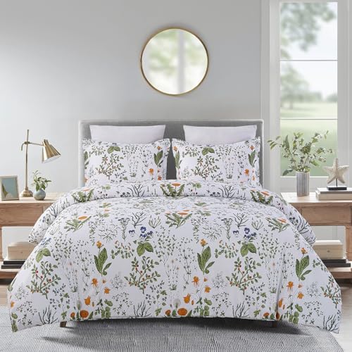 Vaulia Soft Microfiber Floral Duvet Cover King Size, Green Yellow Chic Botanical Print Pattern, Lightweight and Breathable Design, 3-Piece Set (1 Duvet Cover 2 Pillow Shams)