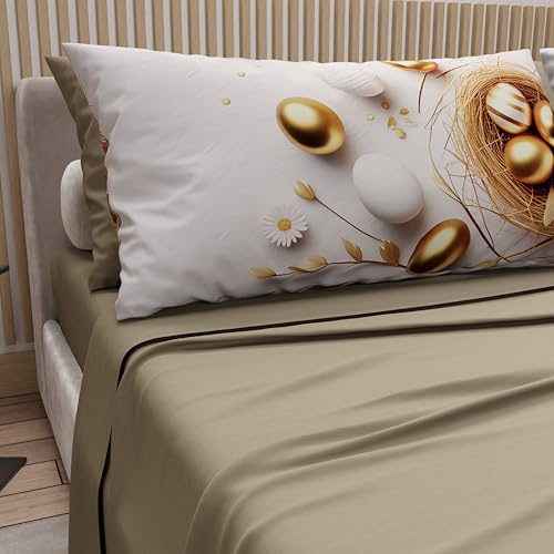 PETTI Artigiani Italiani - Easter Cotton Sheets with Pillowcases in Digital Print, Double Maxi, Complete Top and Bottom Sheet with Corners, 24 Taupe, Made in Italy