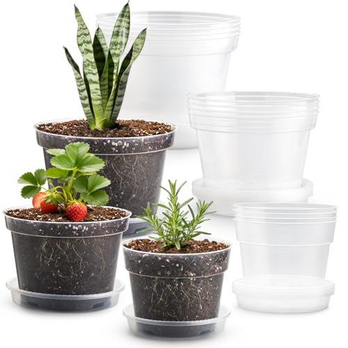 RooTrimmer 12 Pack 8/7/6 Inch Clear Nursery Pots with Saucer, Transparent Plastic Plant Pot with Drainage Hole, Sturdy Planting Starter Pots for Gardening Flower Herb Vegetable