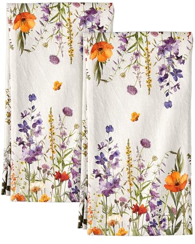"Miss Adola Flour Sack Kitchen Towels Set of 2, Wildflower - 18""x26"", Pure Cotton, Lint Free, Light Weight, Dry Quickly, Odor Resistance, Decorative, with Hanging Loop, Giftable"