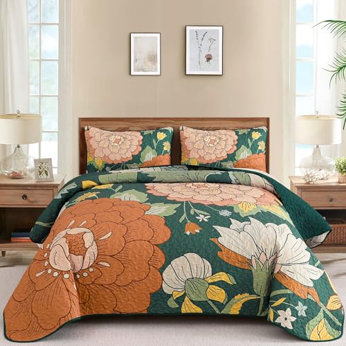 DJY 3 Piece Green Floral Quilt Set King Size - Boho Flower Bedspread Coverlet Set, Soft Microfiber Farmhouse Bohemian Floral Bedding Set Botanical Quilt for All Season (King, 110''x90'')