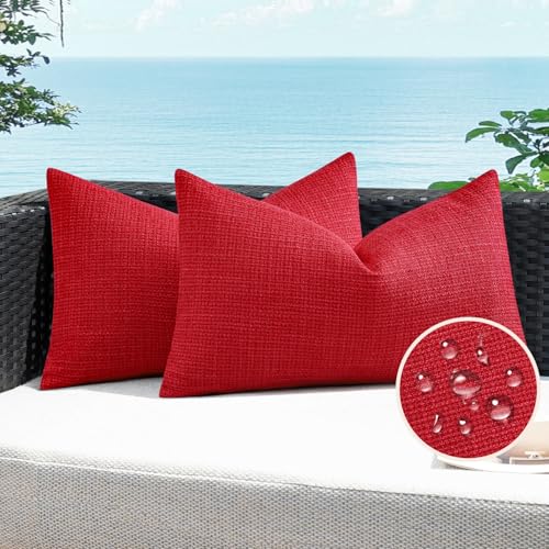 Artscope Outdoor Waterproof Throw Pillow Covers 12x20 Inch Decorative Linen Outdoor Pillows Cushion Case for Patio Couch Sofa - Red