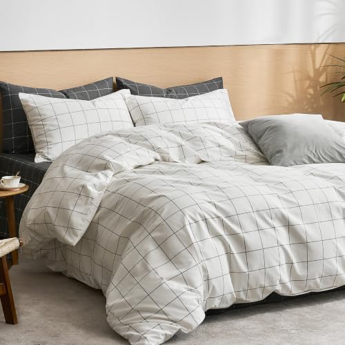 JELLYMONI - 100% Natural Cotton Duvet Cover Set with Zipper Closure and Corner Ties, 2 Shams, 168 x 234 cm, Single, White on Black Grid Geometric Print