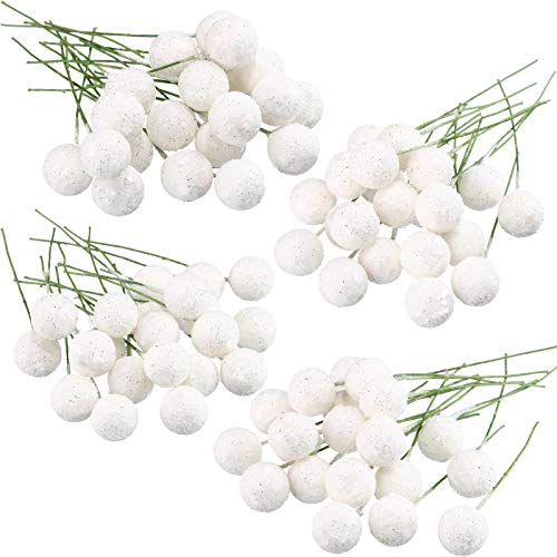 BBTO Artificial Holly Berries, 100 Pieces Mini 10 mm Fake Berries Decor on Wire for Christmas Tree Decorations Flower Wreath DIY Craft Use (Sequined White)