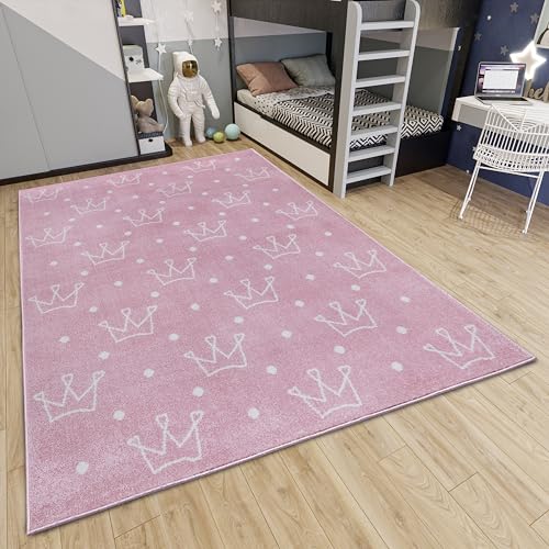 Hanse Home Adventures Children's Rug - Modern Crown Pattern Rug Boys Girls for Children's Room, Playroom, Teenager's Room, Living Room - Crowns Pink, 120 x 170 cm