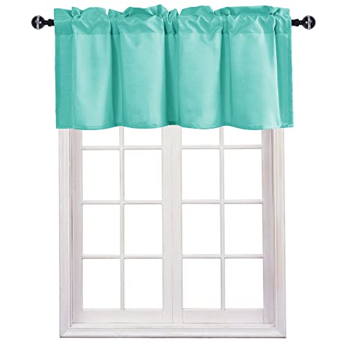 JIUZHEN Valance Curtains for Kitchen/Living Room/Basement/Bathroom Window, Thermal Insulated Short Rod Pocket Curtain Panels, Aqua, 42 x 18 Inches, 1 Panel