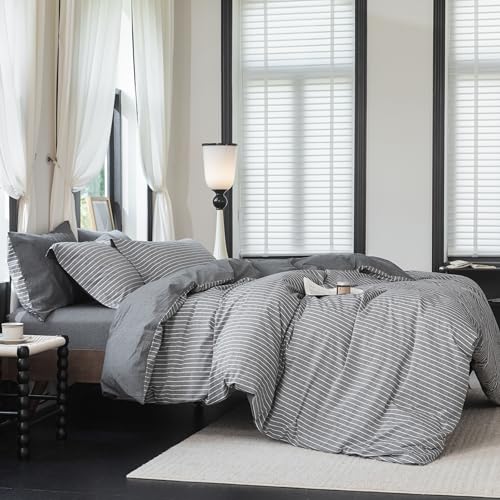 Warm Moment Reversible Duvet Cover Set 100% Washed Cotton Dark Grey Pinstripe Linen Feel Duvet Cover King Size with Zipper Closure & 2 Pillow Shams,Dark Grey/White Pinstripe Reverse Solid Dark Grey
