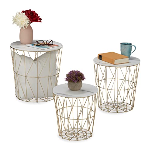 Relaxdays Basket Side Table, Set 3 Sizes, Wired Storage, Metal & Marble Look, Sofa or Bedside Stand, Decorative, White