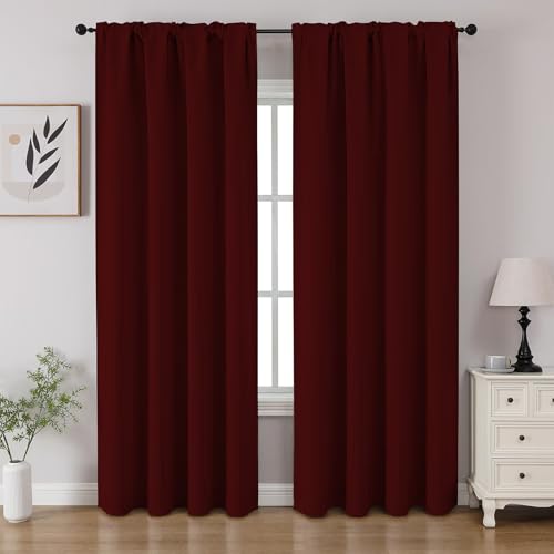 CUCRAF Burgundy Red Blackout Curtains 96 inch Length 2 Panels Set, Rod Pocket Room Darkening Drapes for Bedroom Living Room, Insulated Thermal Light Blocking Window Curtain (W52 x L96 Inch)