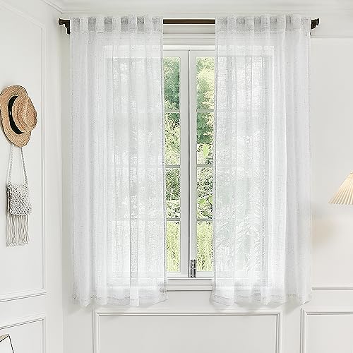 DUALIFE White Linen Sheer Curtains 63 Inch Length 2 Panels for Bedroom,Light Filtering Curtains Living Room Drapes for Bedroom Sand Beach Farmhouse Set with Rod Pocket and Back Tab,52x63 Inches