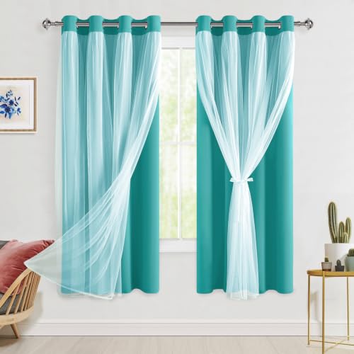 Hiasan Blackout Curtains with Sheer Overlay, Thermal Insulated Privacy Mix & Match Double Layer Window Curtains for Girls Bedroom, Living Room, 2 Drape Panels with Tiebacks,Peacock Teal, 52W X 63L