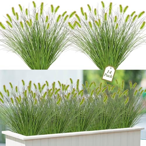 UXORSN 14PCS Artificial Dog Tail Grass Plant UV Resistant Outdoors Faux Plants Ornamental Wheat Grass Cattails Artificial Flowers Home Decor for Outdoor Garden (14, Dark Green with Dog Tail)