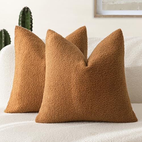 Foindtower Pack of 2, Curly Faux Fur Decorative Throw Pillow Covers Soft Fuzzy Plush Cushion Case with Zipper Cozy Pillowcase for Home Living Room Couch Bed Sofa 20 x 20 Inch, Bronze