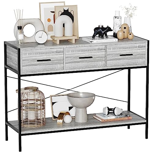 Vida Designs Brooklyn Console Table Hallway Living Room Rustic Shelf Industrial Storage Furniture (Grey, 3 Drawer)