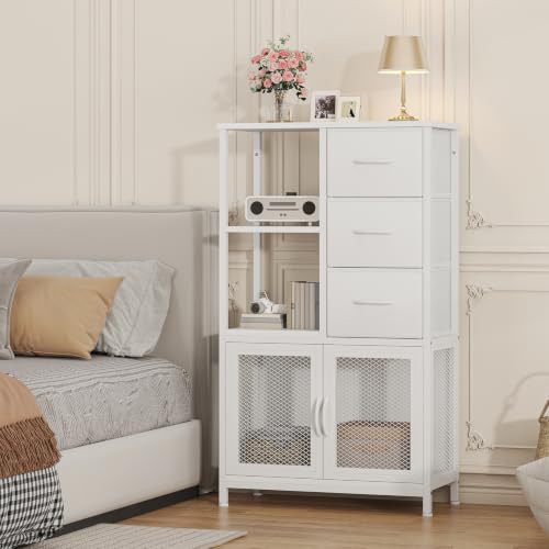 Feonase 3 Drawer Fabric Storage Cabinet with Open Shelves and Double Mesh Doors, Narrow Bedroom Storage Unit with Steel Frame and Wood Top for Hallway, Living Room or Home Office,White