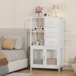 Feonase 3 Drawer Fabric Storage Cabinet with Open Shelves and Double Mesh Doors, Narrow Bedroom Storage Unit with Steel Frame and Wood Top for Hallway, Living Room or Home Office,White