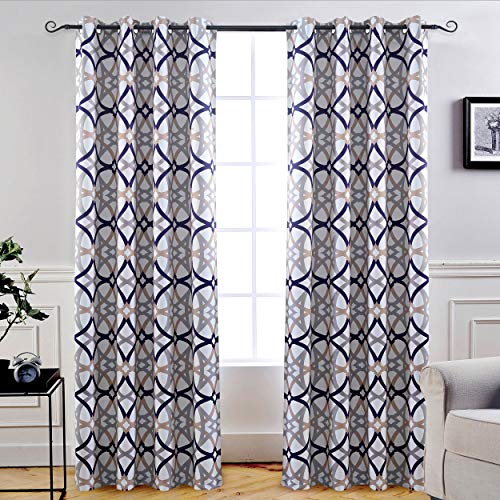 "DriftAway Alexander Thermal Blackout Grommet, Unlined Window Curtains, Spiral Geo Trellis Pattern, Set of 2 Panels, Navy/Gray 52""x96"""