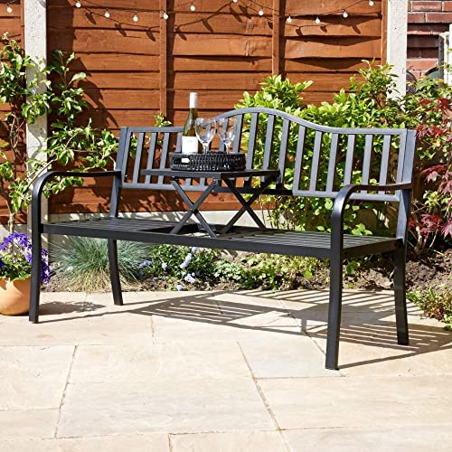 Home Source Valletta Garden Loveseat – Black Metal, Arched Back & Pop-Up Centre Table - 150W x 60D x 85H cm - Outdoor Patio Bench